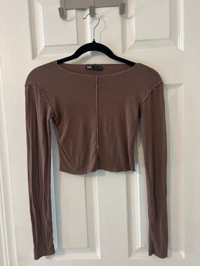 Zara Brown Long Sleeve Cropped Tee